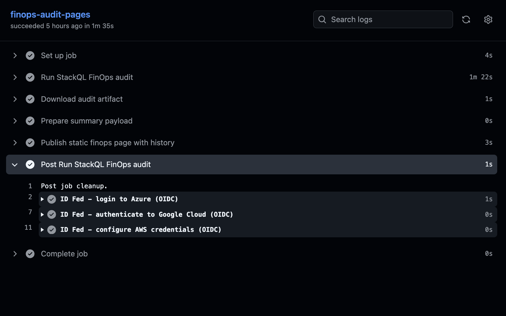 A CI run authenticating to AWS, Azure and Google Cloud over OIDC, with no stored credentials